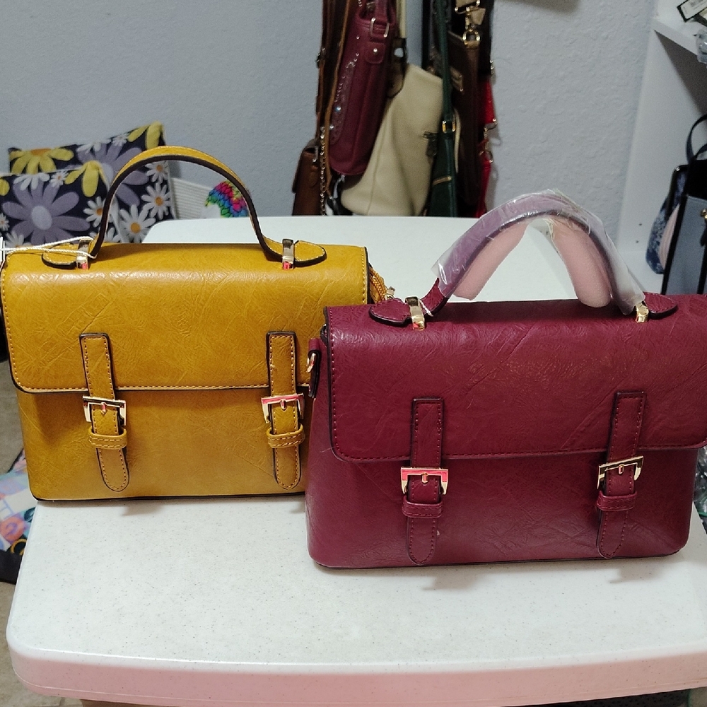 Classic Structured Satchel Handbag - Mustard Yellow & Burgundy With Crossbody